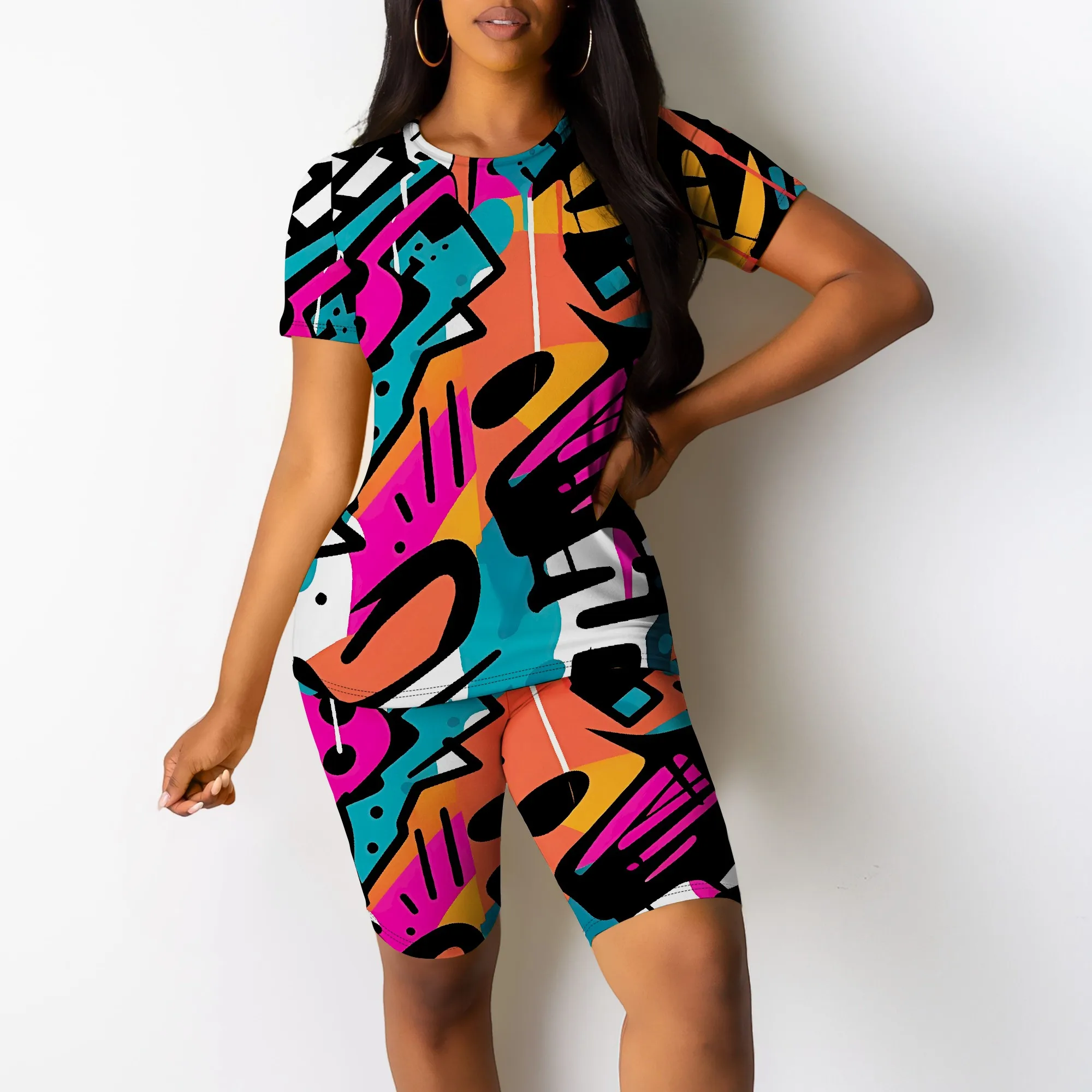 

Nupusa Abstract Print Two - Piece Set for Women Summer Casual Crew Neck Short Sleeve Outfit