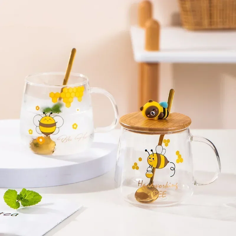 Bee Cartoon Glass Milk Spoon Cup Breakfast New Cup Year Mugs Cups Coffee Mug Beautiful Mugs Tea Mug With Lid Drinkware Original