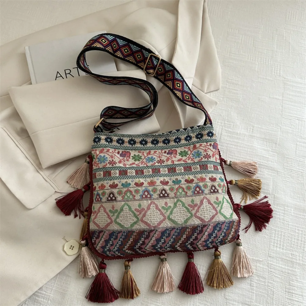

Cloth Ethnic Style Crossbody Bags Retro Large Capacity Tassel Shoulder Bag Handbag Geometric Bohemian Messenger Bag Women