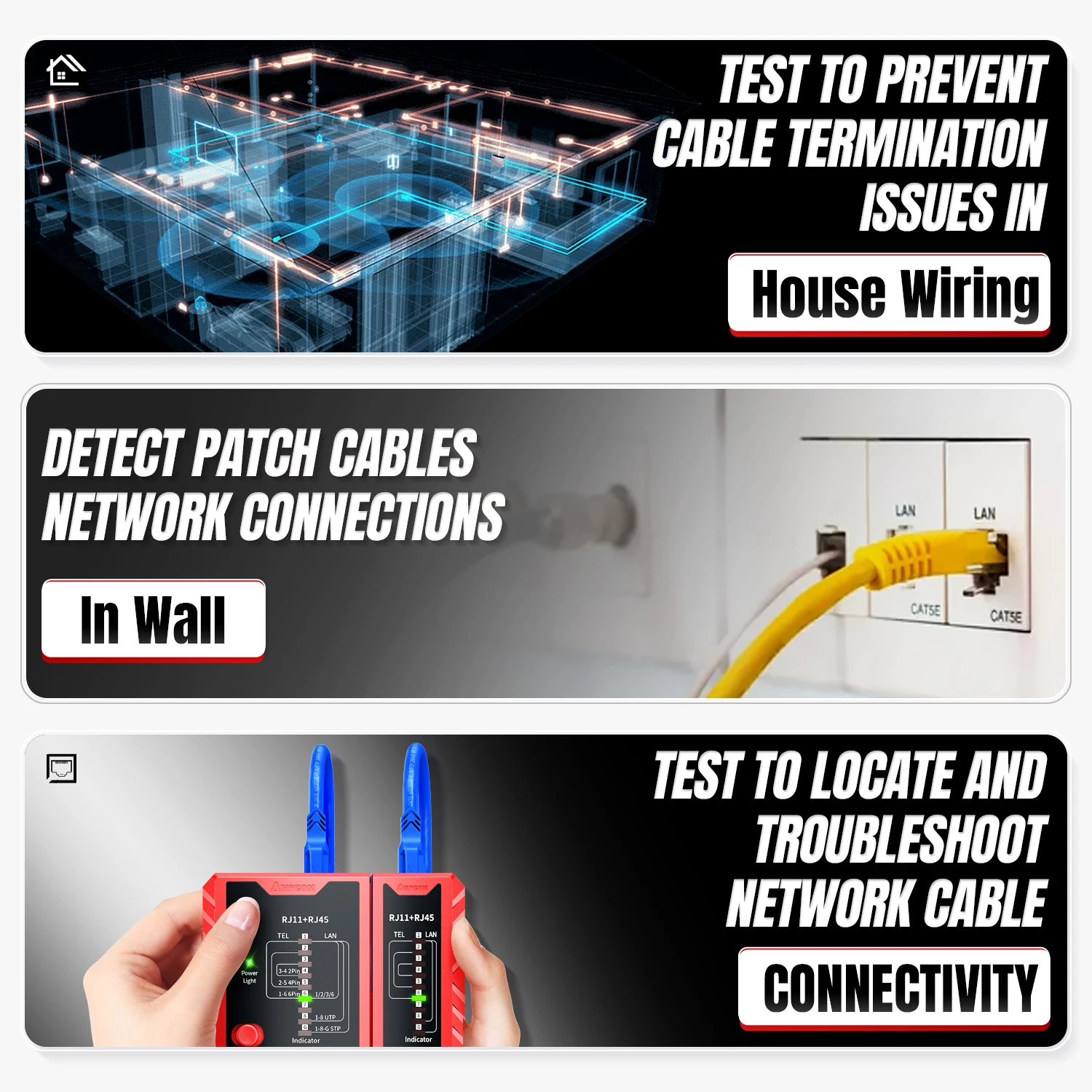 AMPCOM Network Cable Tester, LAN Phone Wire Tester Tool Networking Tool Ethernet Repair For RJ45/RJ11/RJ12/CAT5/CAT6/CAT7/CAT8