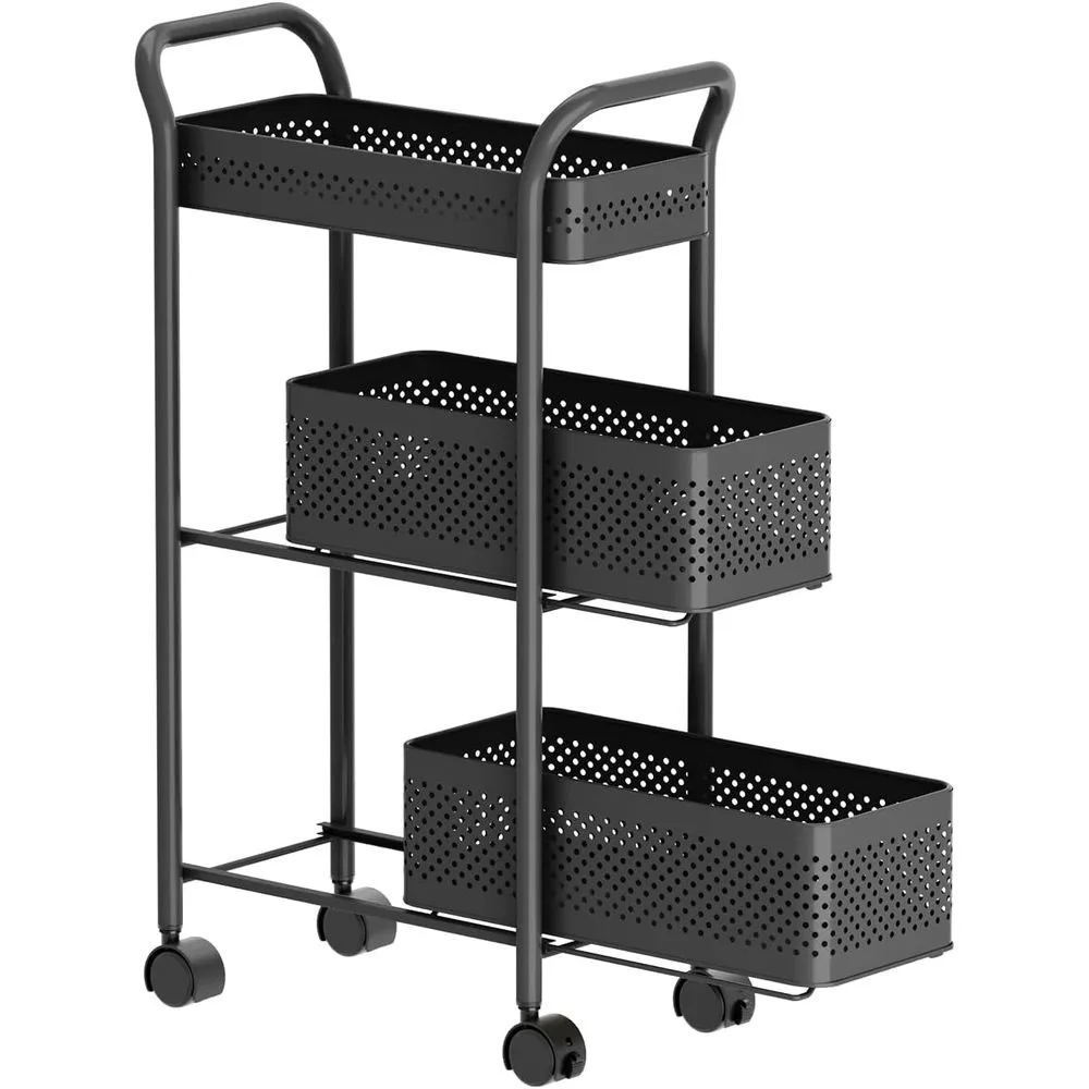 Moderne 3-laags opbergwagen met wielen, stevige, slanke metalen wagen met vergrendelbare wielen en handgrepen, geperforeerde mandenorganizer voor keuken, badkamer, wasruimte, slaapkamer, kantoor,