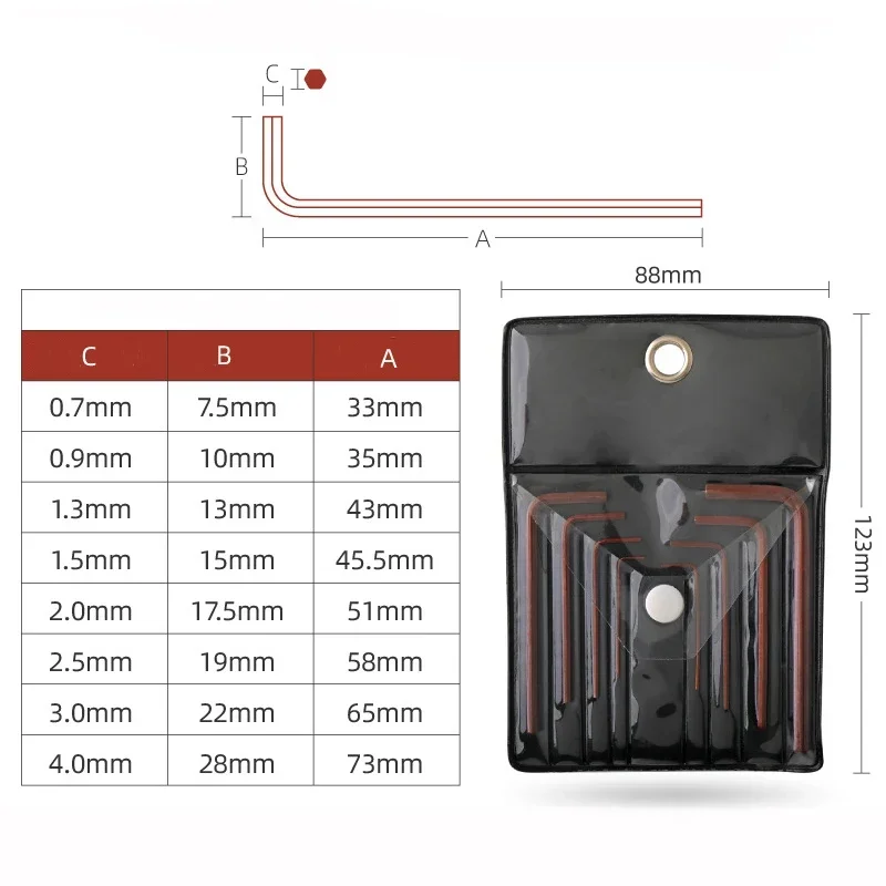 Mini Allen Key ประแจชุดขนาด 0.7 ถึง 4 มม. พร้อมกระเป๋าแบบพกพา Precison Hex Key ไขควงเมตริก L รูปร่างแขนสั้นชุดเครื่องมือ