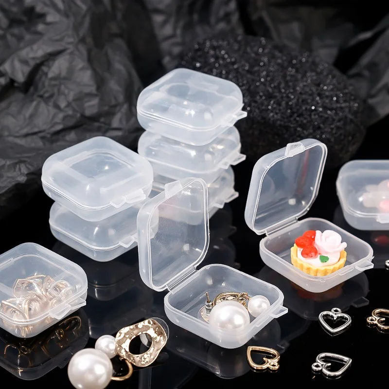 50/1pcs Mini Plastic Storage Box Square Transparent Flip Portable Pill Container Jewelry Holder Earrings Packaging Display Box