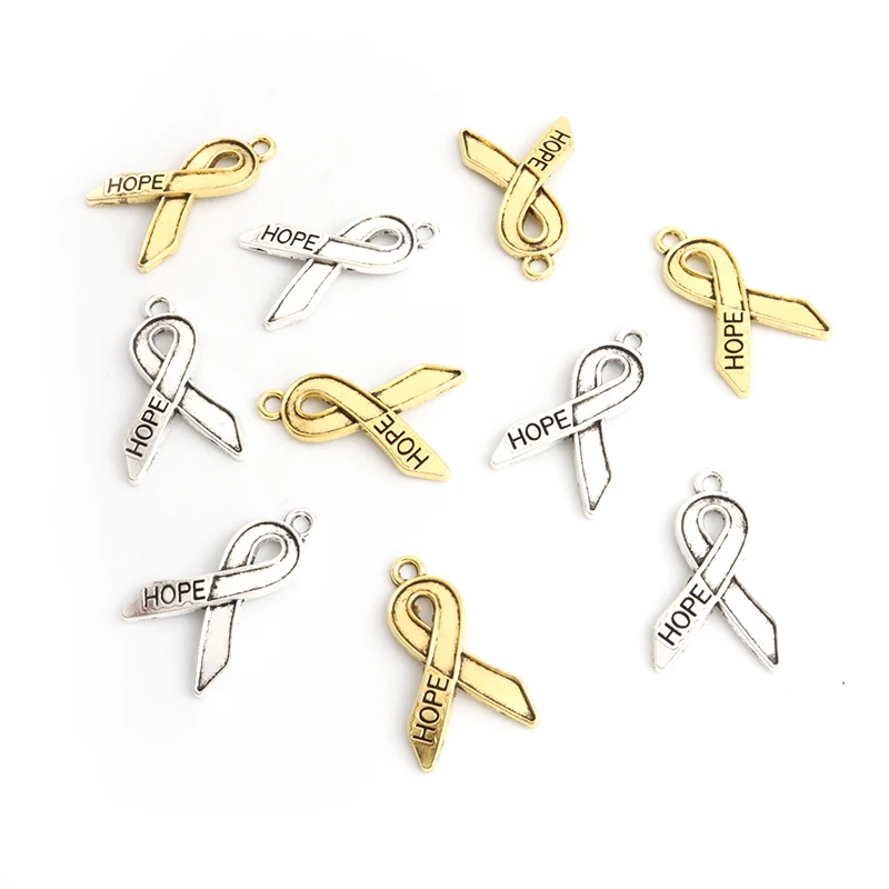 20pcs Breast Cancer Awareness Ribbon Charms Vintage Silver Gold Color Hope Pendants Making DIY Bracelets Handmade Jewelry Crafts