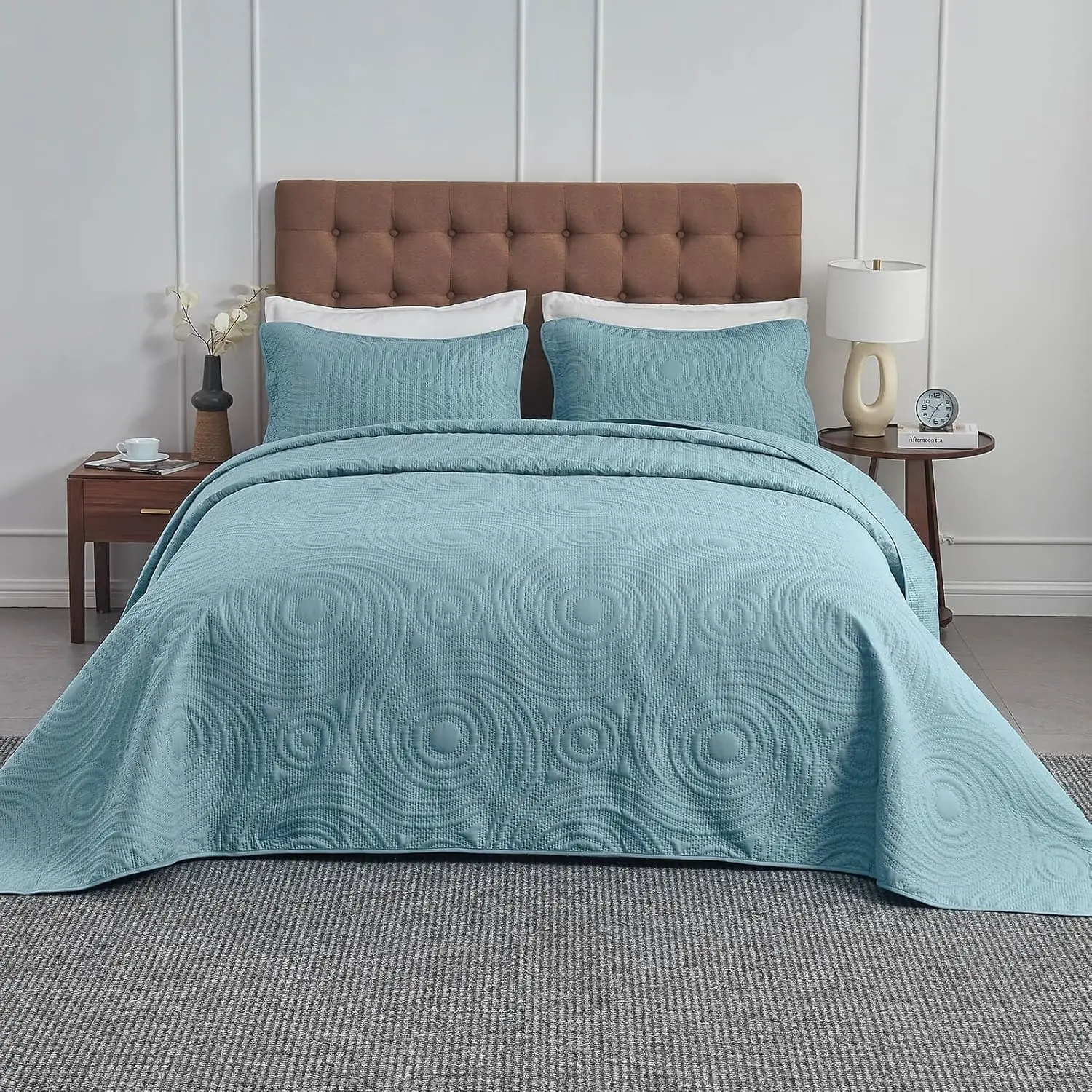 

Oversized King Bedspread Set 128x120 Lightweight Quilt with Pillow Shams for Extra Tall Wide or Cal King Beds in Blue