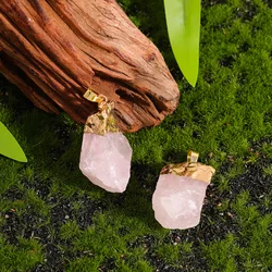 Natural Crystal Stone Irregular Shape Raw Rose Quartz Gold Plated Cap Hanging Ornaments Reiki Healing Gifts