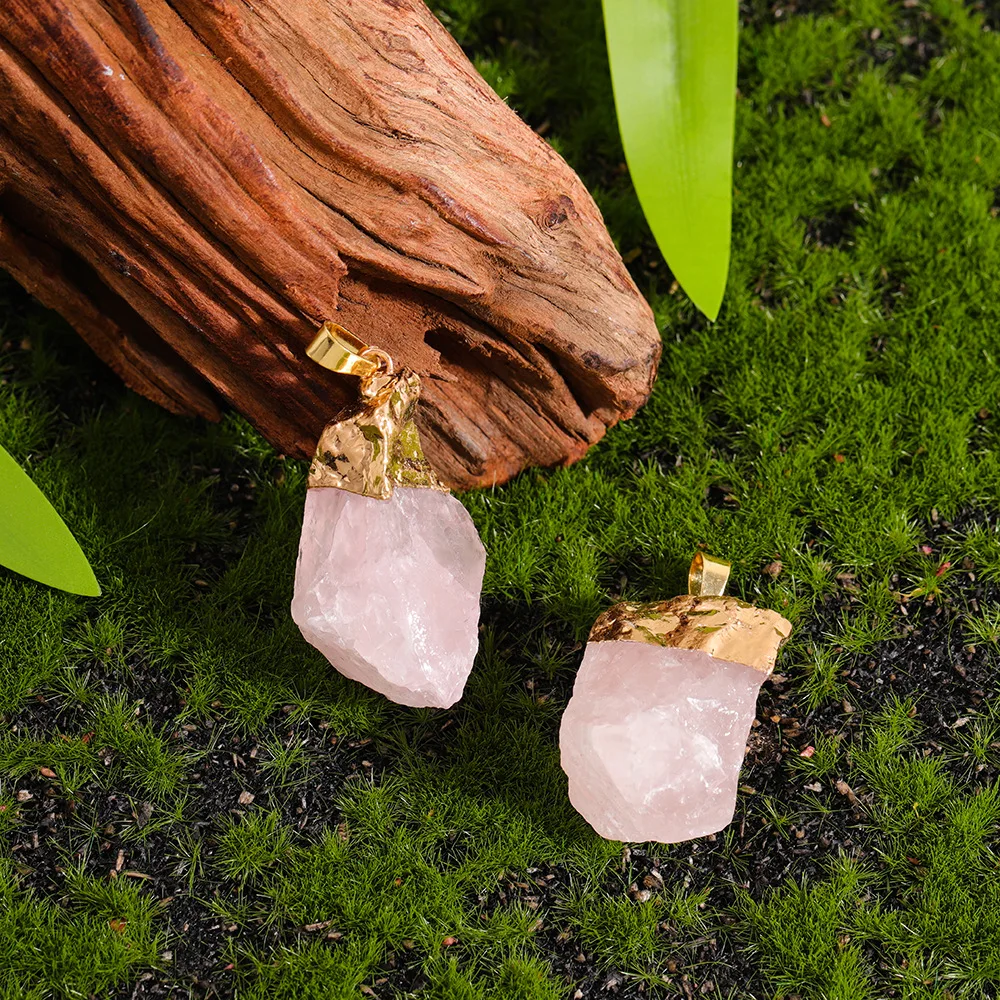 Natural Crystal Stone Pendants Irregular Shape Raw Rose Quartz Gold Plated Cap Pendant Reiki Healing Gift