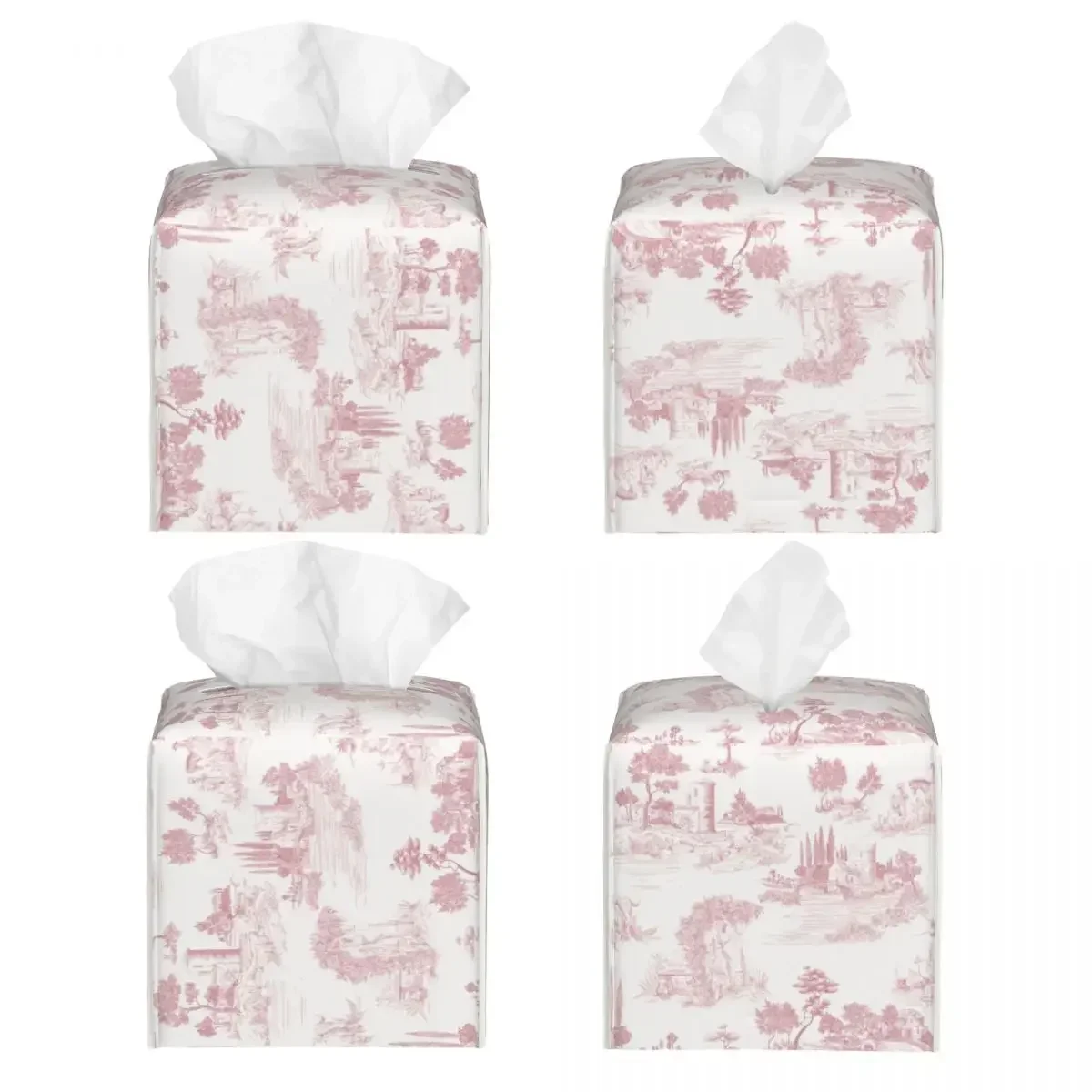 Custom Vintage Toile De Jouy Tissue Box Holder Square Blush Pink White PU Leather Facial Tissue Box Cover for Car Office