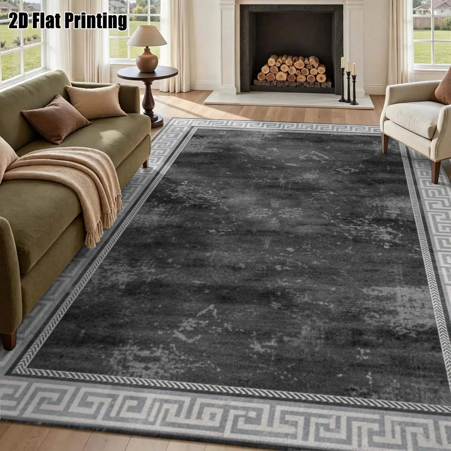 1Pc 2D Printed Carpet: Black & Gray Greek Herringbone Decor, Modern/Vintage, Home Decor, Multi-Size, Machine Washable, Multi-Scene Use