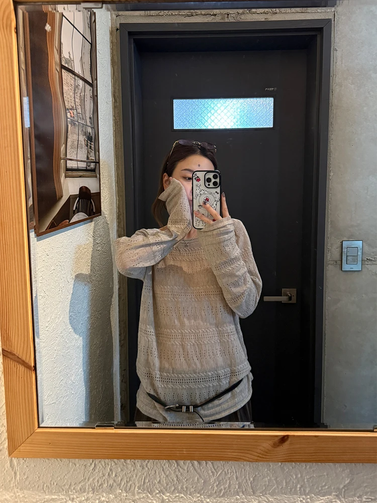 

Женский вязаный свитер LelyMooch с ажурным узором, свободного кроя, на раннюю осень, повседневный, с длинными рукавами и круглым вырезом