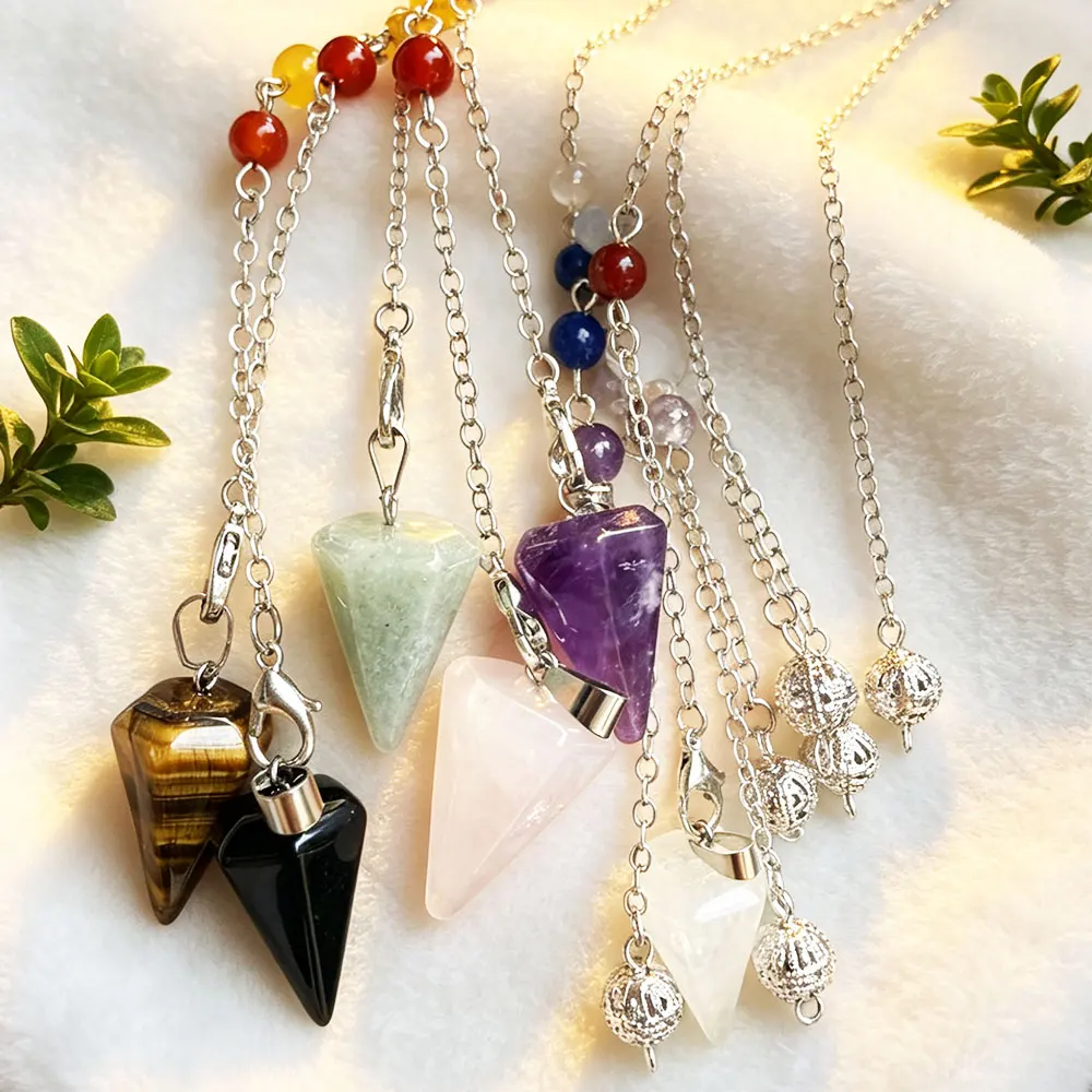 Mini pendule en pierre naturelle pour la divination, la radiesthésie, la chaîne des 7 chakras, véritable cristal de roche, améthystes, quartz rose, pendule X269