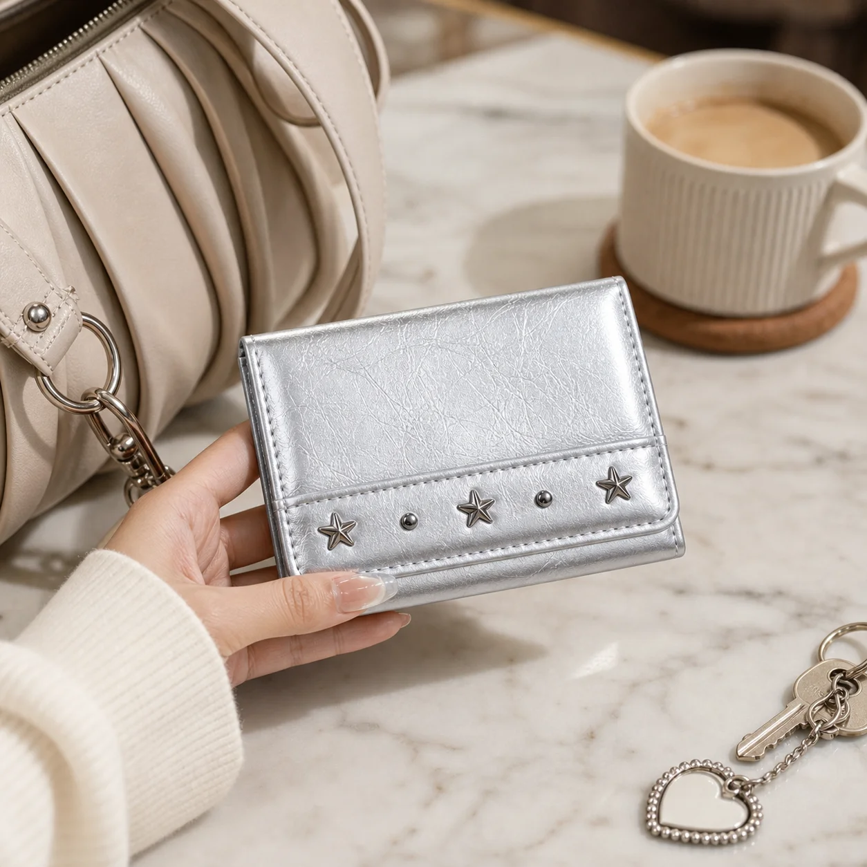 Women's Trifold Short Wallet Wrinkled PU Leather Star Rivet Decor Ultra Light Small Purse for Daily Cards Cash Storage