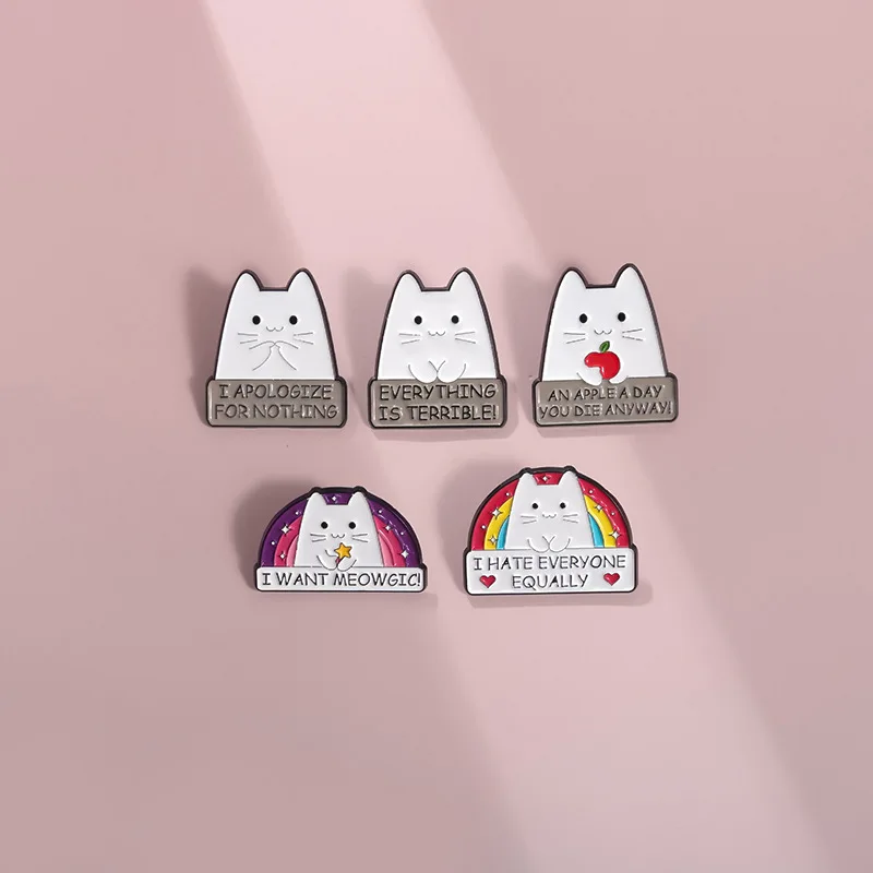 Cute Rainbow Cat Enamel Pins I HATE EVERYONE EQUALLY Funny Kitten Brooches Lapel Metal Badge Backpack Jewelry Pins Wholesale