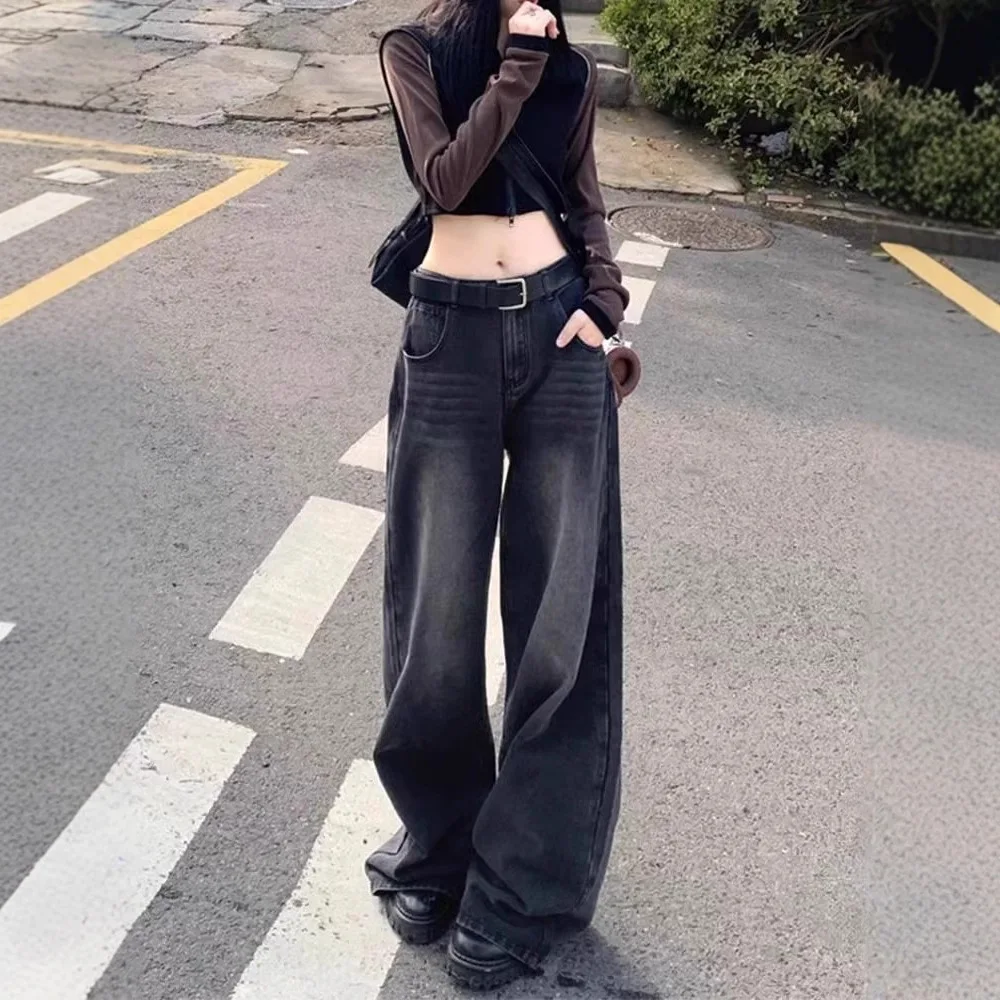American Black And Gray Wide-leg Jeans Women's Autumn Large Size Fat Mm Retro High Waist Loose Drape Straight Pants