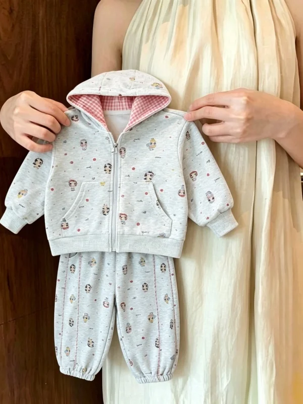 Girls' Cartoon Hooded Zipper Plaid Color Block Sweatshirt And Pants Two-Piece Set Casual Children's Outfit Autumn Collection