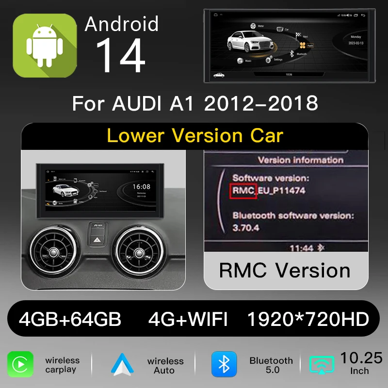10,25" 1920*720 IPS-scherm, draadloze Carplay, Android 14 autoradio voor AUDI A1 2012-2018, RMC HN+R multimediaspeler, GPS-navigatie, hoofdunit, 4G+WiFi, BT, stereo-audio