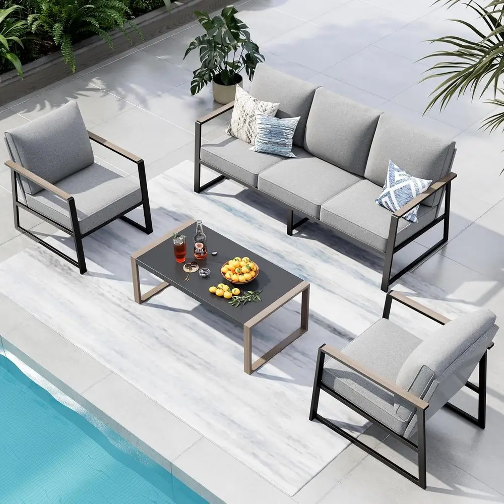 

Комплект садовой мебели из 5 предметов с всепогодным диваном и кофейным столиком, черный, с подушками из текстилена