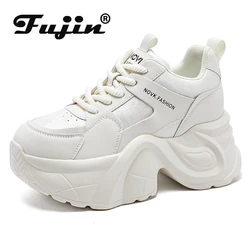 Fujin 9cm prawdziwej skóry damskie buty w stylu casual grube trampki deskorolka wulkanizowana dama wygodna biała platforma klin ukryty obcas