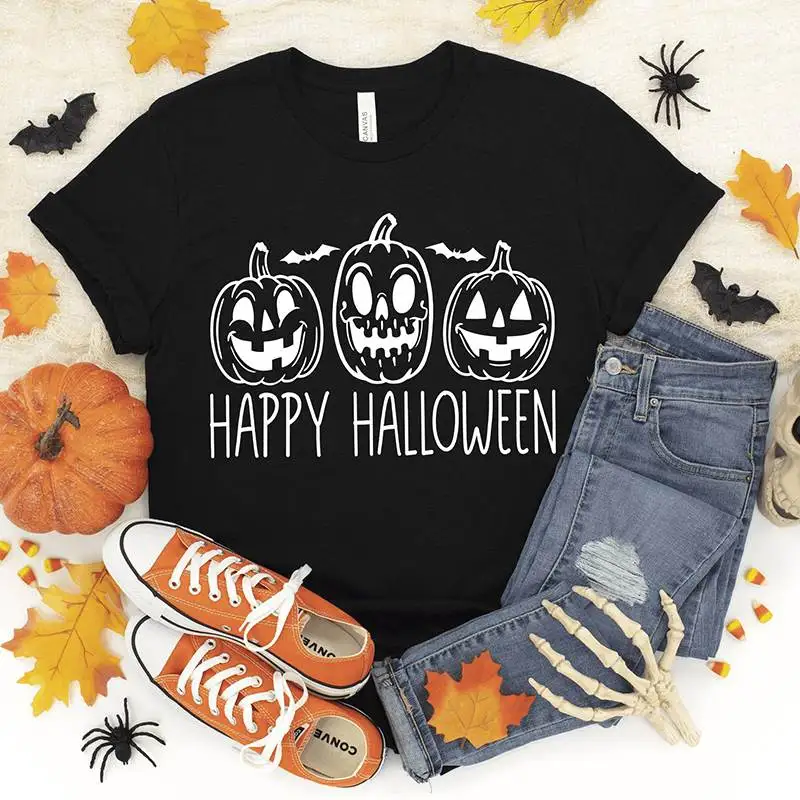 Happy loween Women's T-irt Pumpkin Face ort Sve Fun Smile Design loween Costume Top for Ladies