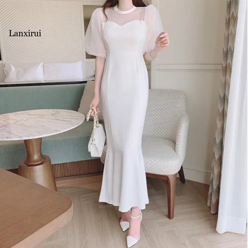 

Elegant Dress Women Korean Chic French Summer O Neck Mesh Stitching Puff Sleeve High Waist Slim Long Fishtail