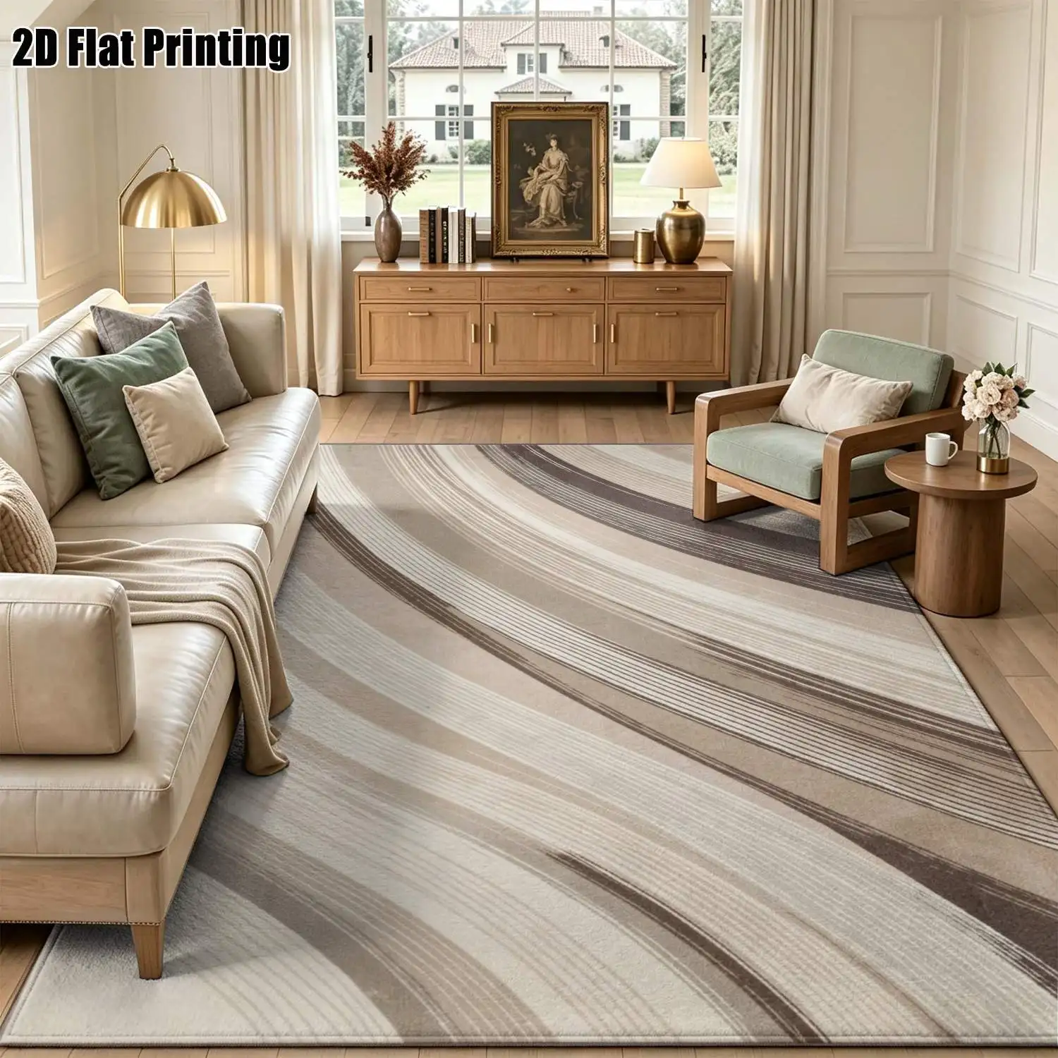 1Pc 2D Printed Gradient Coffee-Brown Streamline Carpet, Modern Simple Style, Instagram-Worthy Decor, Multi-Size, Machine Washable, Ideal for Entryway, Dining Room, Foyer, Study, Living Room, Bedroom