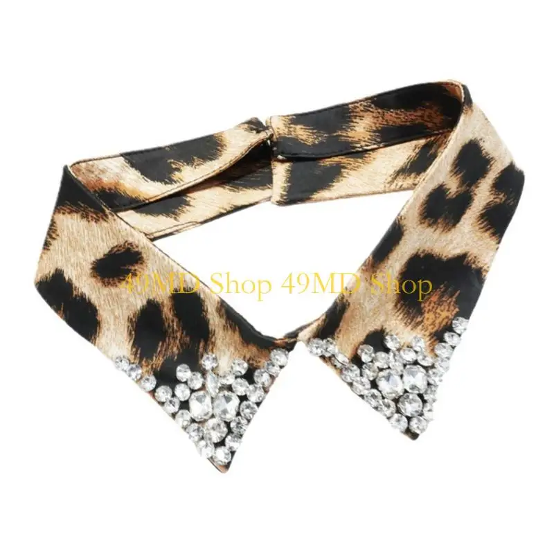49MD Leopard Pattern Removable Collar with Rhinestones Studded Breathable False Collar for Women Shirt Dress Neck Accessory