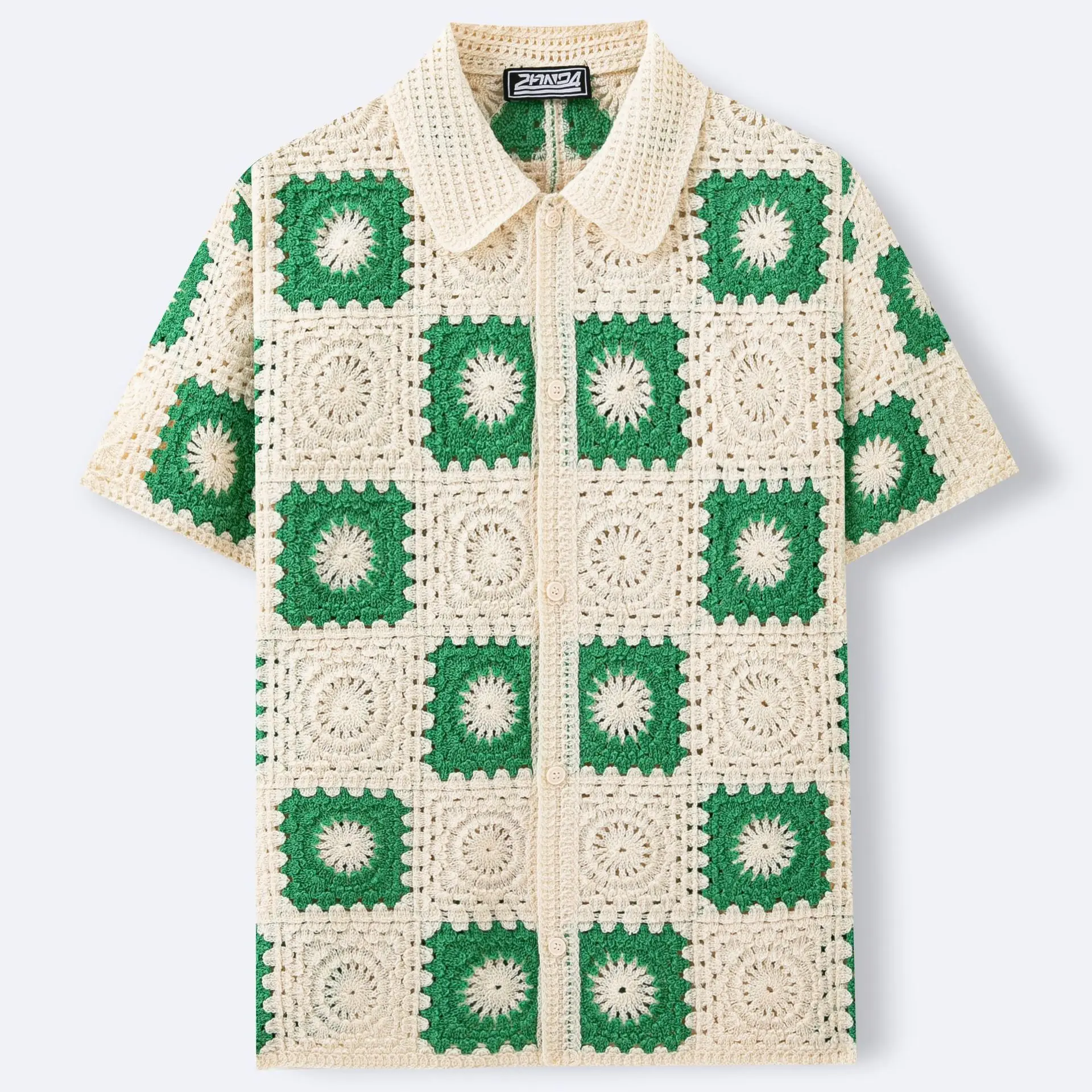 

Men's luxury fashion summer emerald checkered crochet polo shirt hollowed out lapel cardigan knitted sweater jacket top