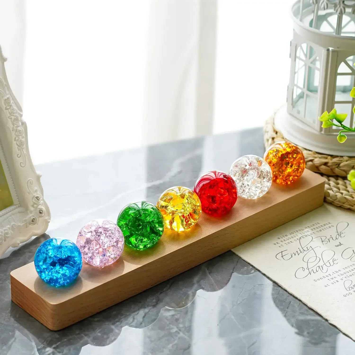 Cracked Balls Crystal Chakra Balls with LED Wooden Base Glass Healing Sphere Balls with Stand Night Light Decoration 7 Colors