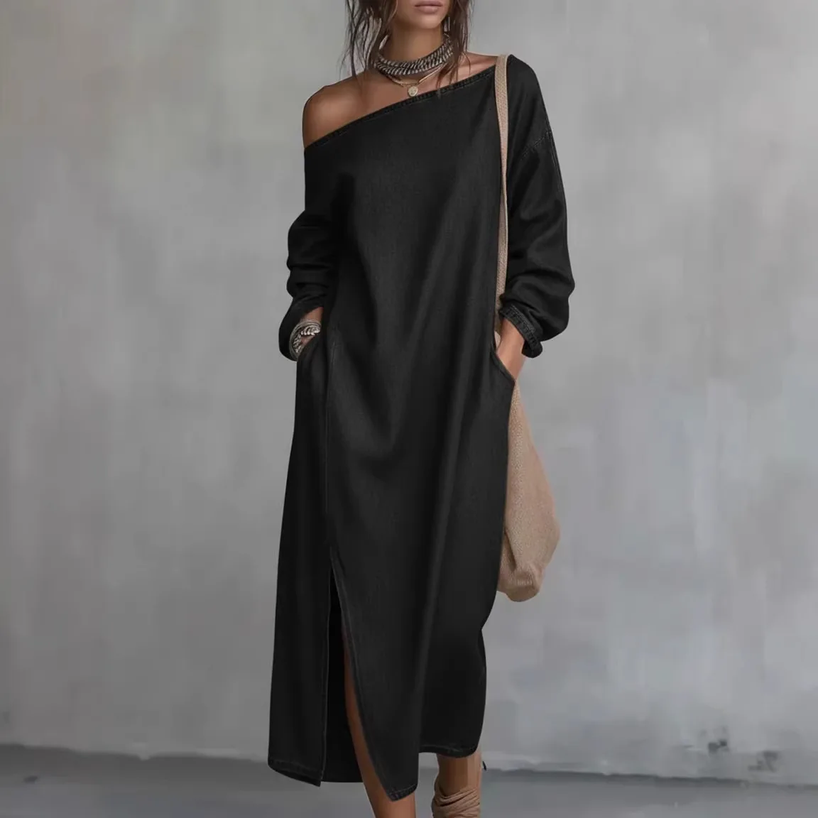 

2026 New Blue Off Shoulder Denim Dress Women Long Sleeve Loose Fit Casual Maxi Dress with Pockets & Slit