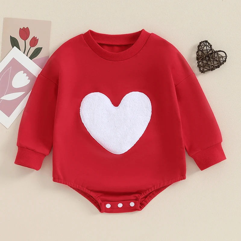 Pelele infantil para el Día de San Valentín con bordado de corazón, manga larga, cuello redondo, traje para recién nacido con temática de amor