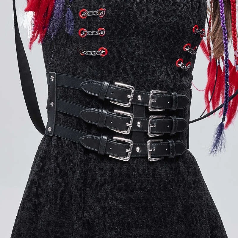 ゴシックスタイル-デビルファッション-トリプルボタン-レザーベルト-ウエストシール-カジュアルスタイル-レディースアクセサリー-ポリエステル繊維-中国製