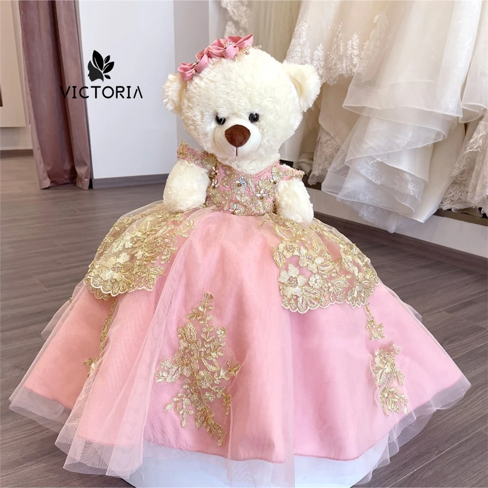 

Cute Gold Lace Applique Pink Personalized Quinceanera Teddy Bear Dress Sweetheart Mexican Cute Little Girls Gift