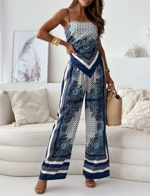 

Two Piece Set Women Outfit 2024 Summer Fashion Print Backless Lace Up Asymmetrical Hem Cami Top & High Waist Wide Legs Pants Set