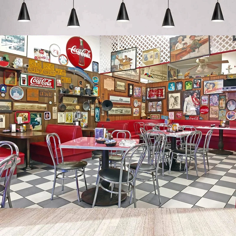 Fondo Fotográfico Retro para Restaurante, Estilo Años 50, Tienda de Refrescos, Hora de Comer, Diner Local con Decoración de Pared, Banner de Fondo para la Hora del Cenar