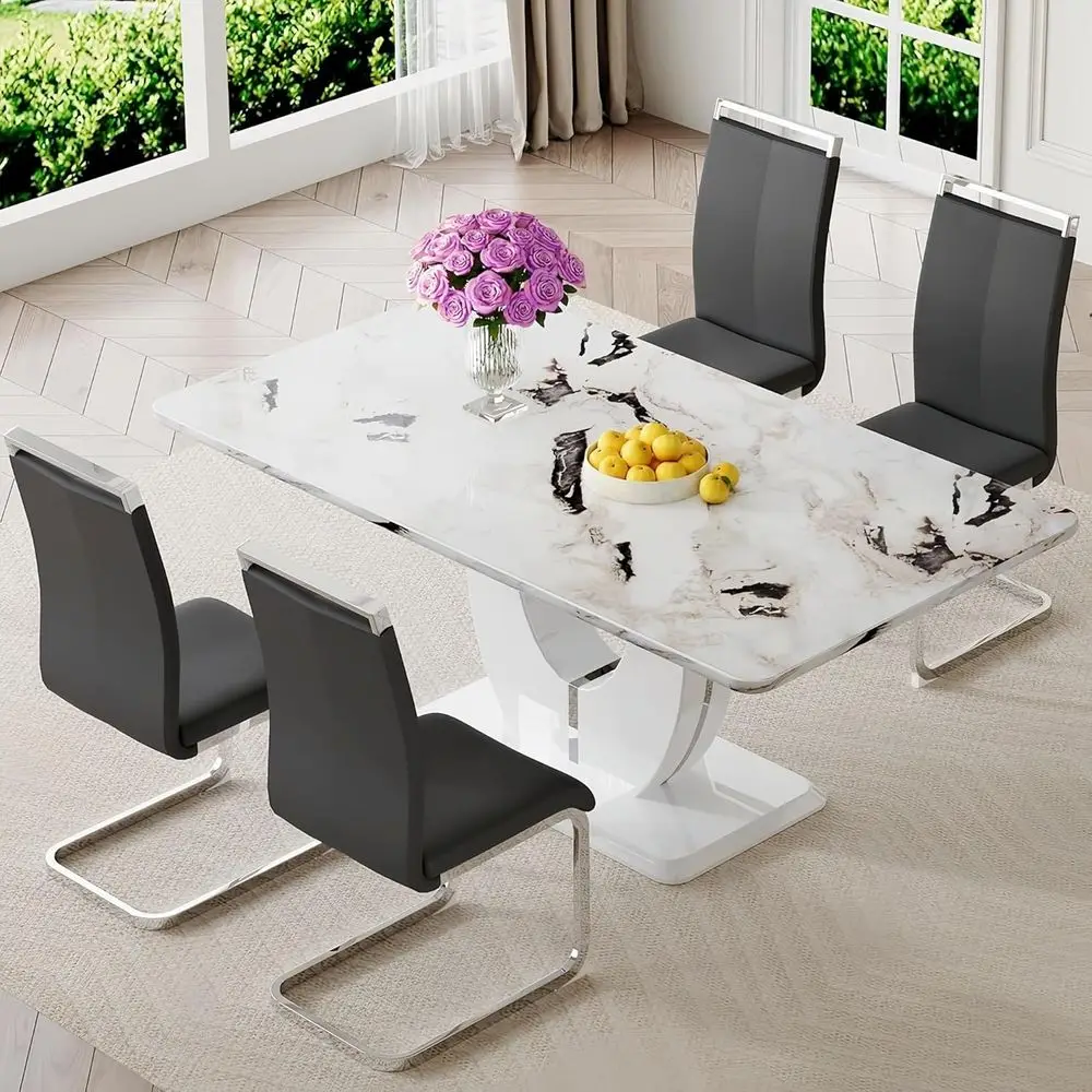 

4-6 Seater Marble Dining Table Set with Black Upholstered Chairs, Easy Assembly