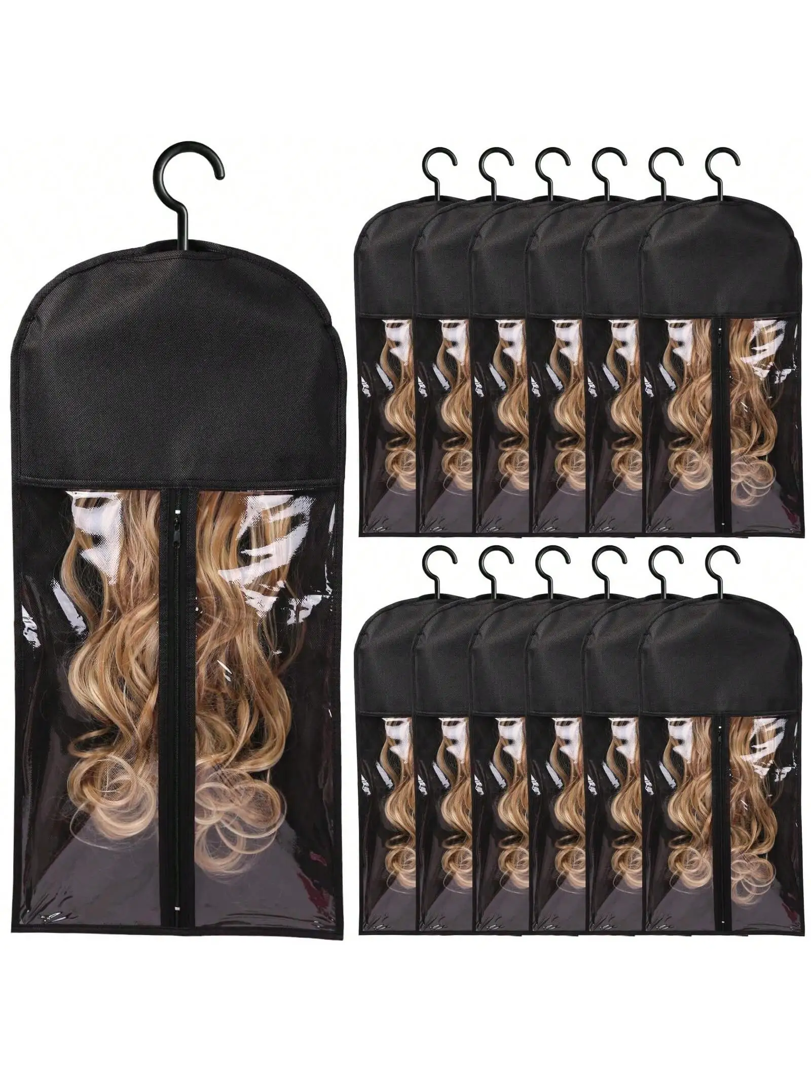 

6pcs Long Hair Extensions Storage Bag Non-Woven Dust Proof Wigs Carrier Bags With Plastic Hanger For Home Salon Organizer