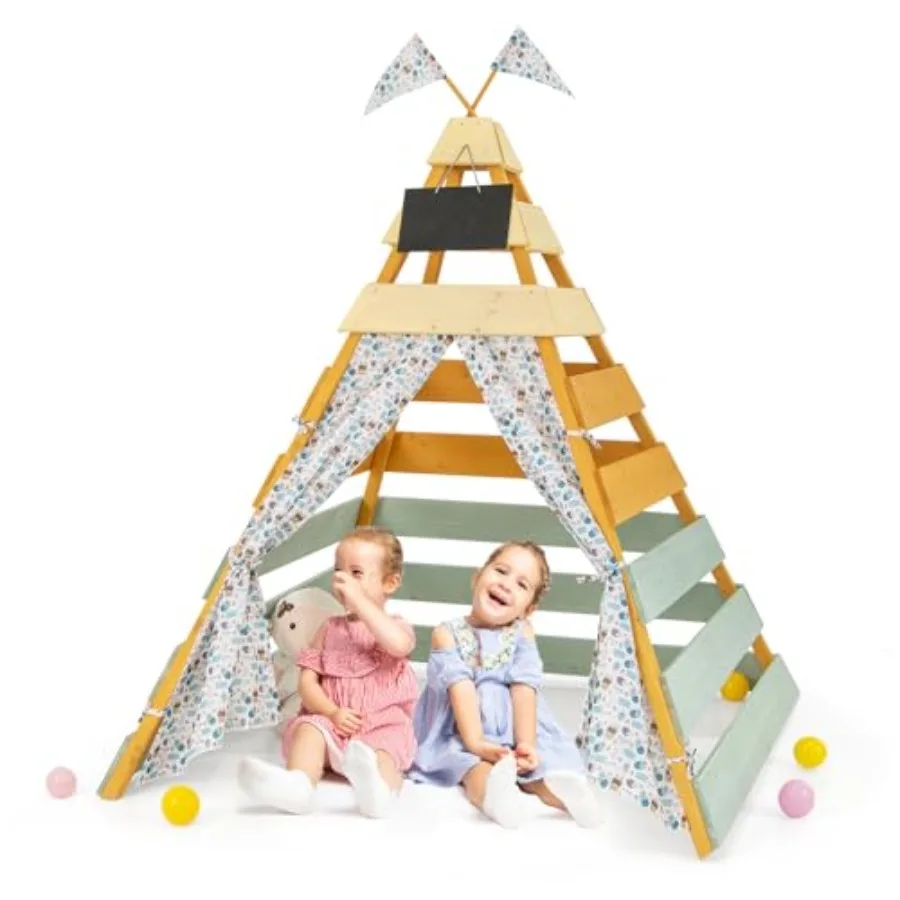 

Kids Tent, Large Wooden Indoor Outdoor Triangle Hideaway Playhouse with Machine Washable Flags, Removable Chalkboard & Door Curt