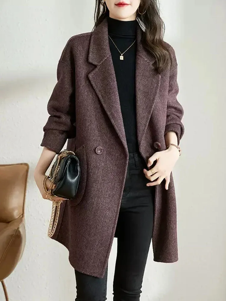 Elegant Lapel Loose Woolen Jackets Tops Women Casual Long Sleeve Wool Blend Coats Blusas Korean Fashion Solid Mid Length Abrigos