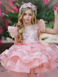 Glitter Appliqued Flower Girl Dress Ruffles Scoop Neck Feather Cute Baby Girl Tutu Party Gown Short Graduation Kids Prom Dress