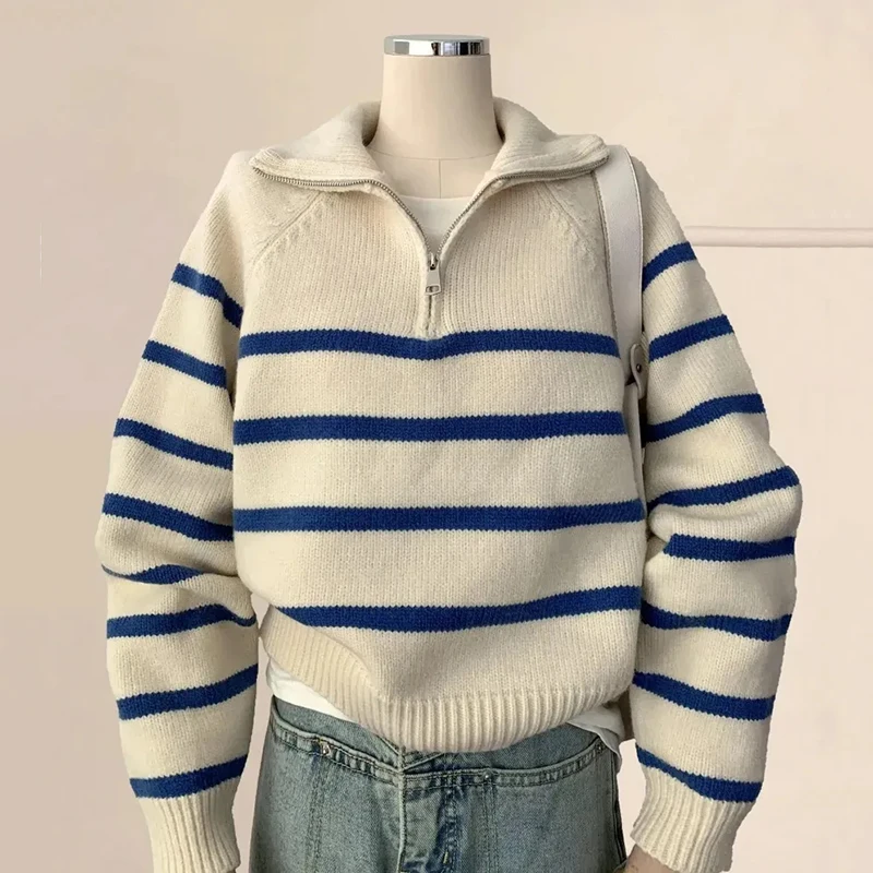 

White Stripes Warm Women Sweater Winter Fashion Lapel Zipper Knit Pullover Female Loose Korean Preppy Soft Knitted Jumper New