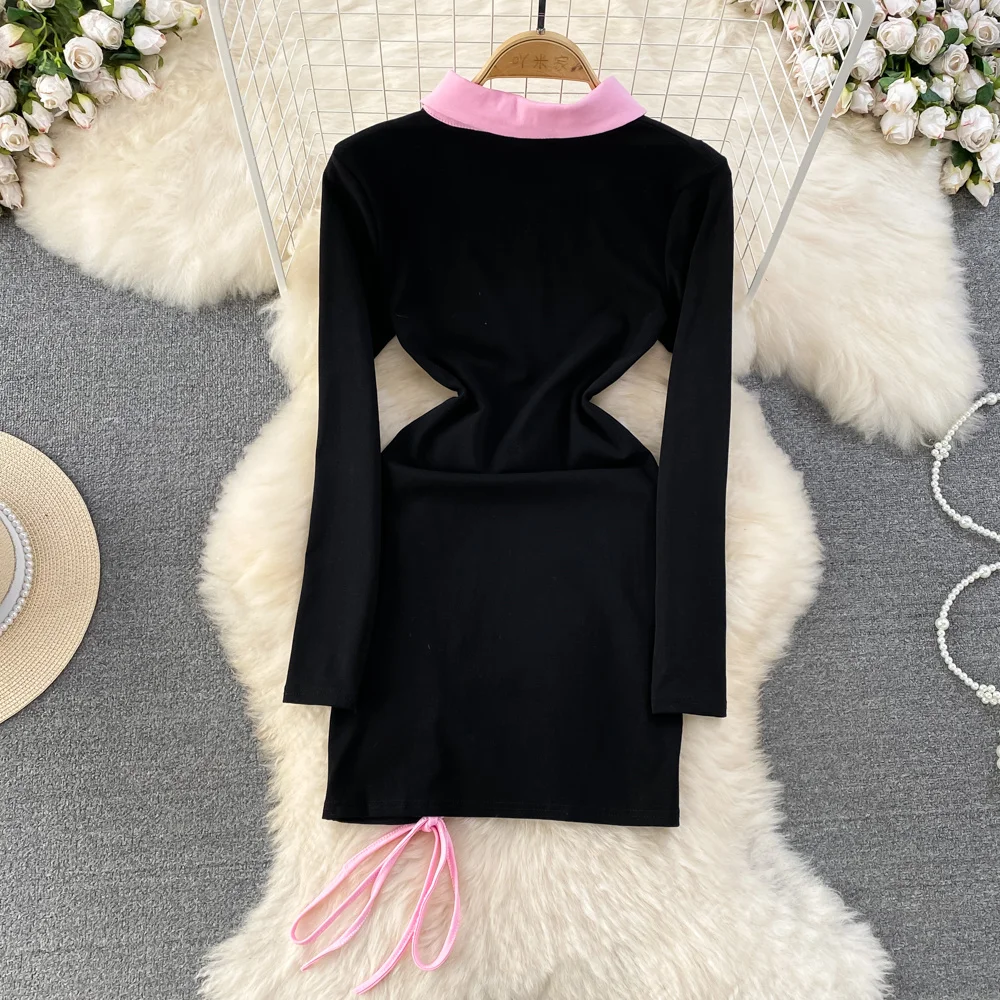 Foamlina Spring Fashion Women Color Match Turn down Collar Long Sleeve Buttons Cut out  Front Lace-up Stretch Mini Bodycon Dress