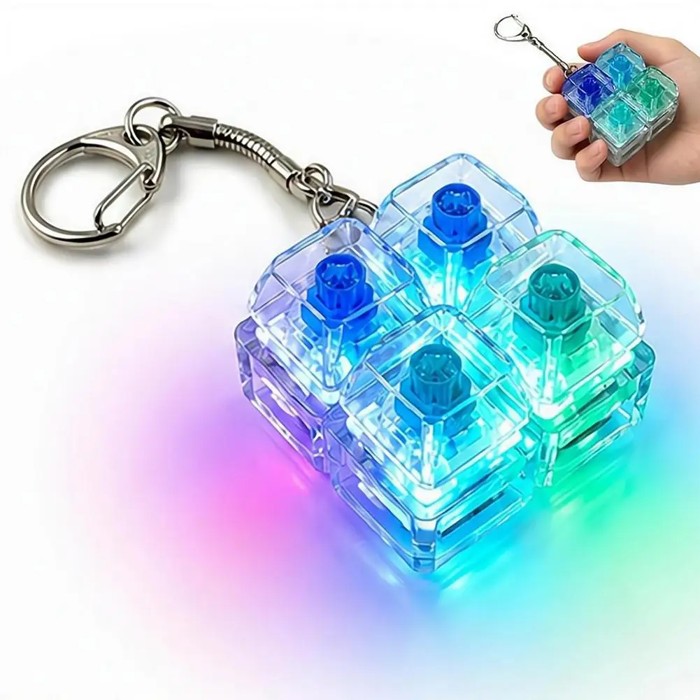 Mechanical Keyboard Fidget Toy 4-Key Switch Clicker Keychain Portable Stress Relief EDC Toy With LED Light For Programmers