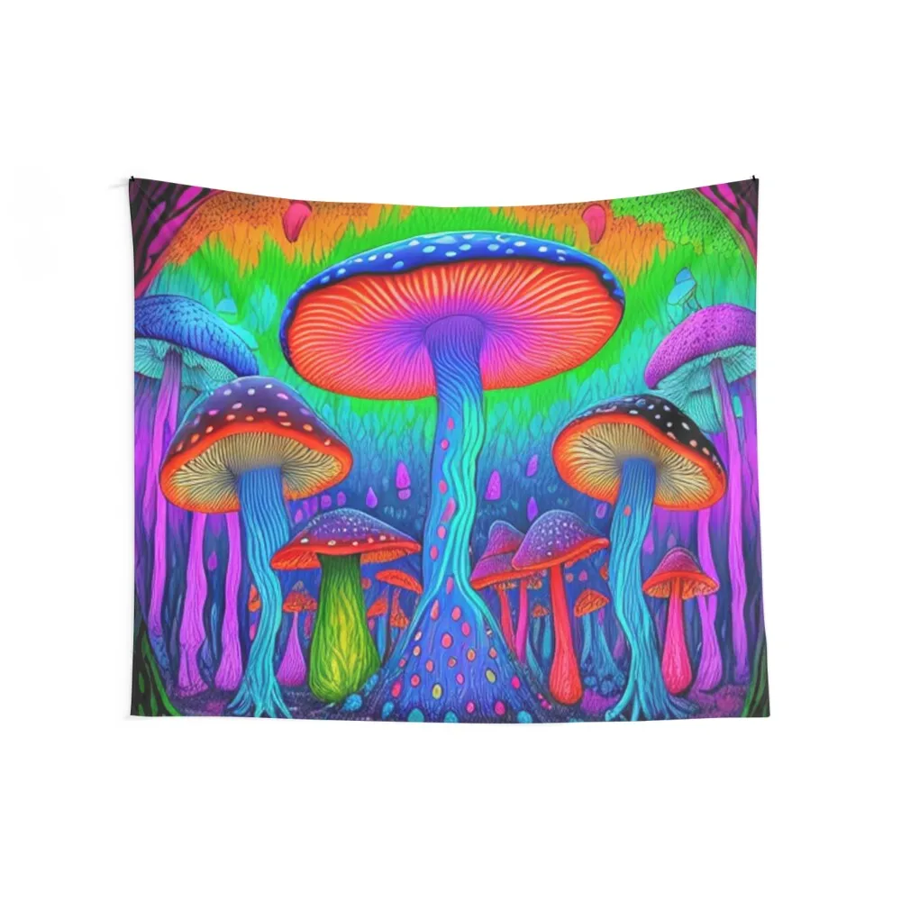 Mystical Mycologist's Dream: Colorful Magic Mushrooms Fantasy Trip Trippy Tapestry Things To The Room Tapestry