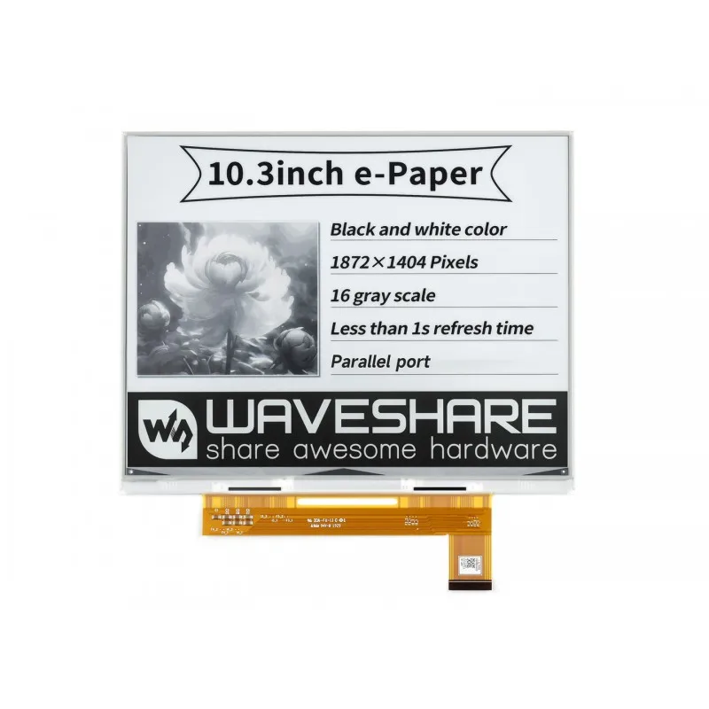 Waveshare display e-ink raw de papel eletrônico de 10,3 polegadas, 1872 × 1404, preto / branco, 16 escalas cinza, porta paralela, sem PCB