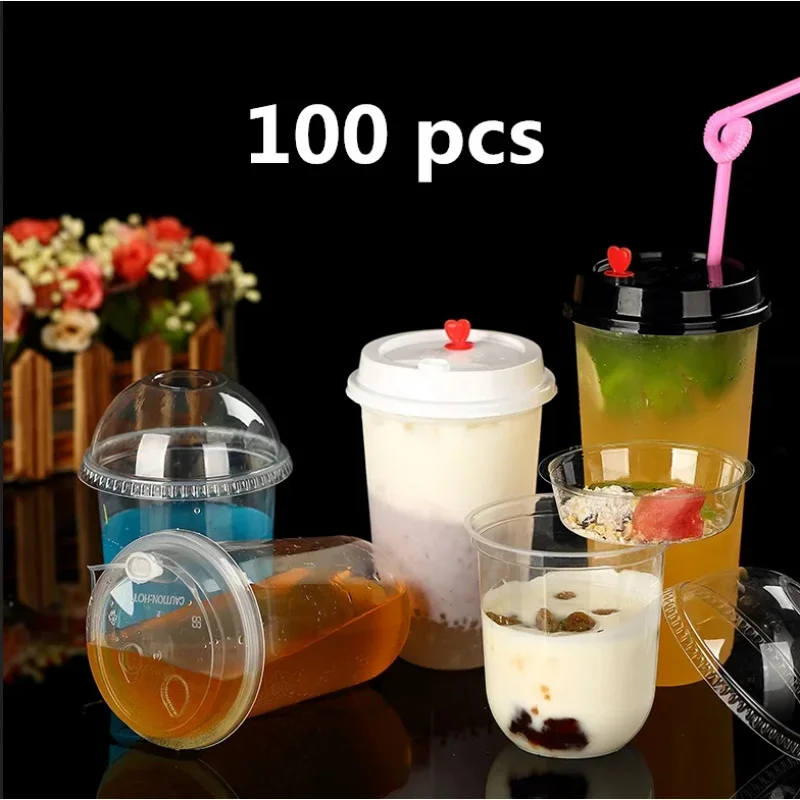 100PCS Plastic With Dome Lids For Iced Cold Drink Coffee Tea Smoothies Sodas Water Party Disposable Tableware Dessert Cups