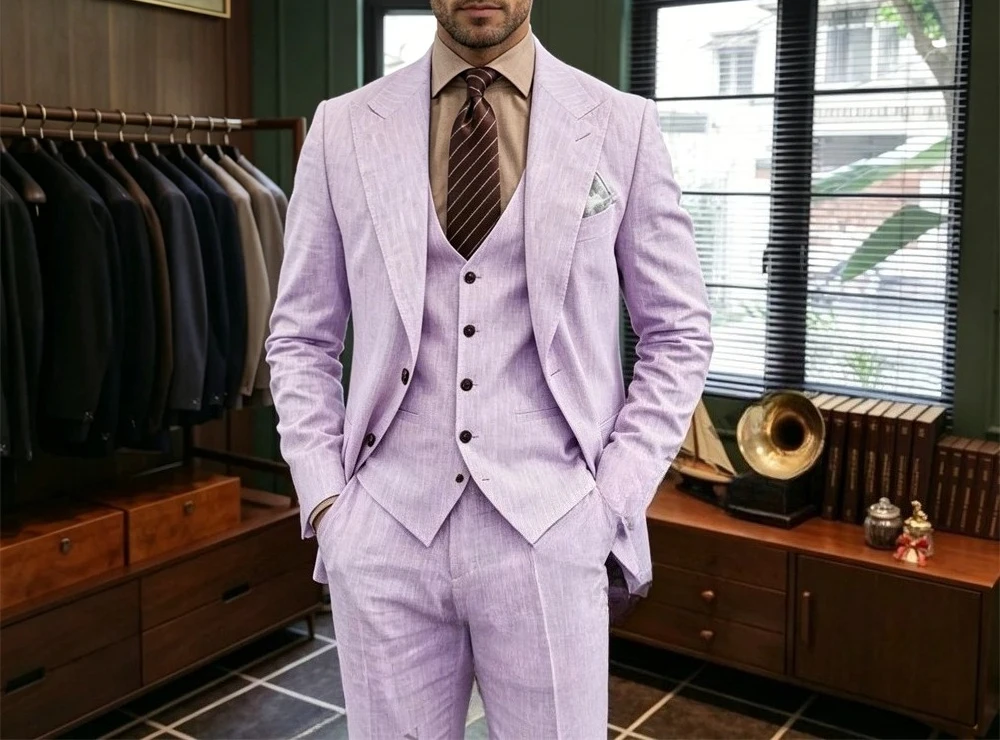 Summer Breathable Linen Suit Set for Men, Three Piece Formal Beach Suit Set Jacket Vest Pants Customized Size Colors