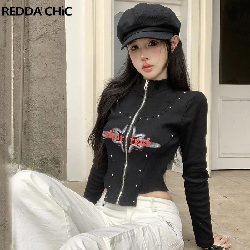 

REDDACHiC Star Y2k Long Sleeves T-shirt Women Turtleneck Irregular Patchwork Studded Zip-up Crop Top Grunge Y2k Vintage Clothing