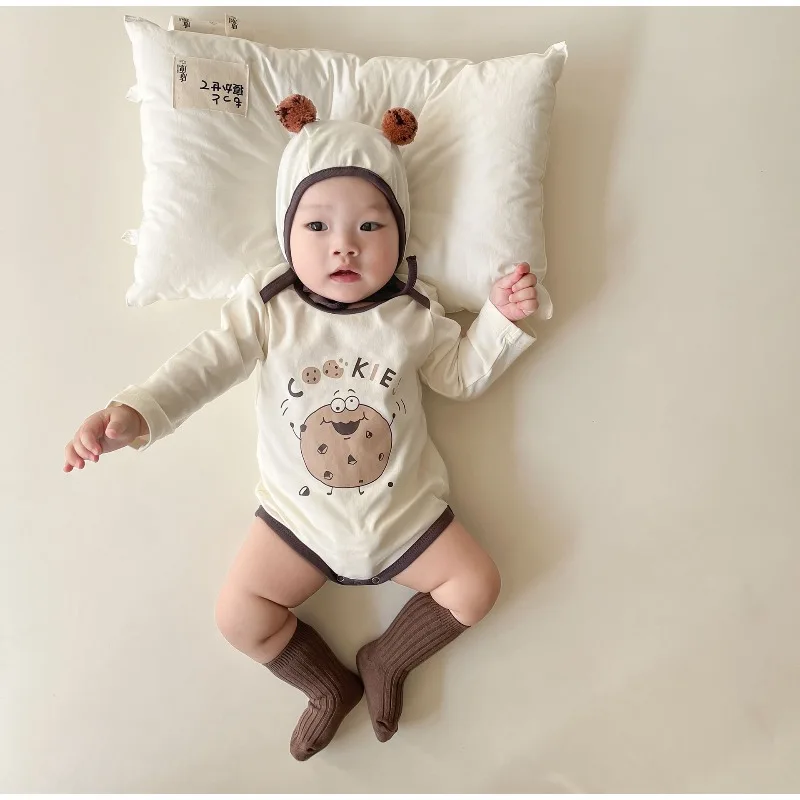 Long Sleeve Round Neck Bodysuit Cap Socks Korean Style Baby Girl Boy Spring Autumn Jumpsuit Cute Cartoon Romper Set