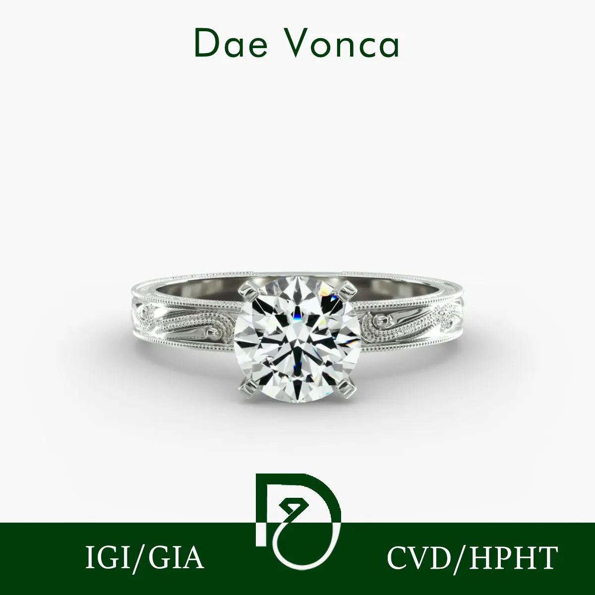 

Romantic Dreamy Engagement Ring With Milgrain & Delicate Engraving Brilliant Round Cut Lab Diamond Pt950/14K/18K White Gold