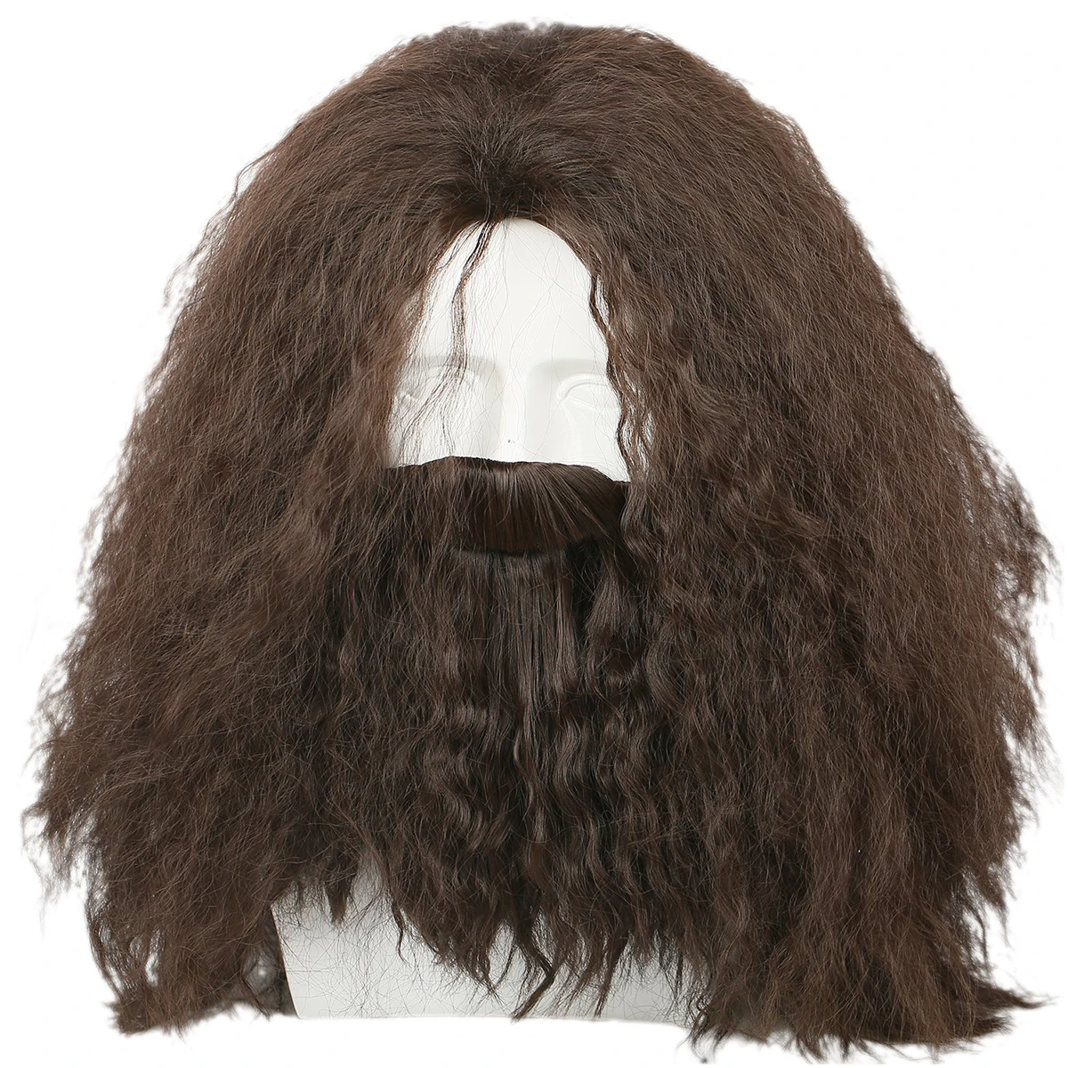 20 inch long roll with split bangs, fluffy dark brown men's bearded synthetic wig, mountaintop cave man and wild man costume rol